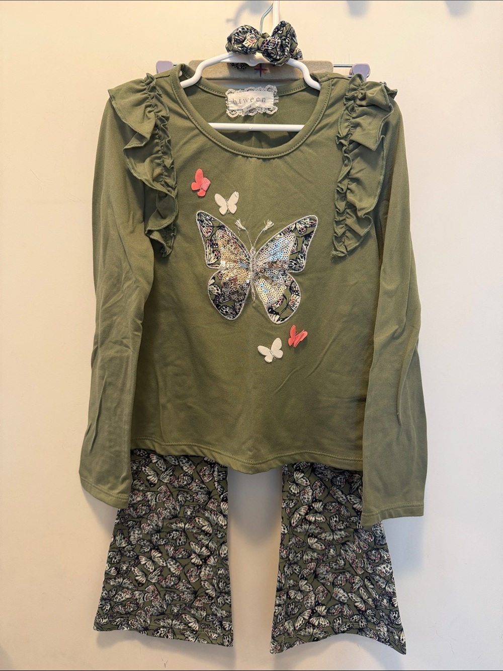 Matching Set- Olive Green Butterfly Ruffle Long-Sleeve Top & Bell Bottoms - Kids
